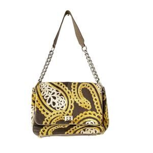 Glenda Gies Chenille Leather Tapestry Gray Yellow Floral Purse Chain